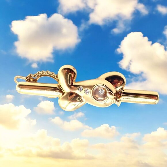 Authentic! Vintage Chopard 18k Yellow Gold Happy Diamond Airplane Tie Clip Clasp - Picture 2 of 10